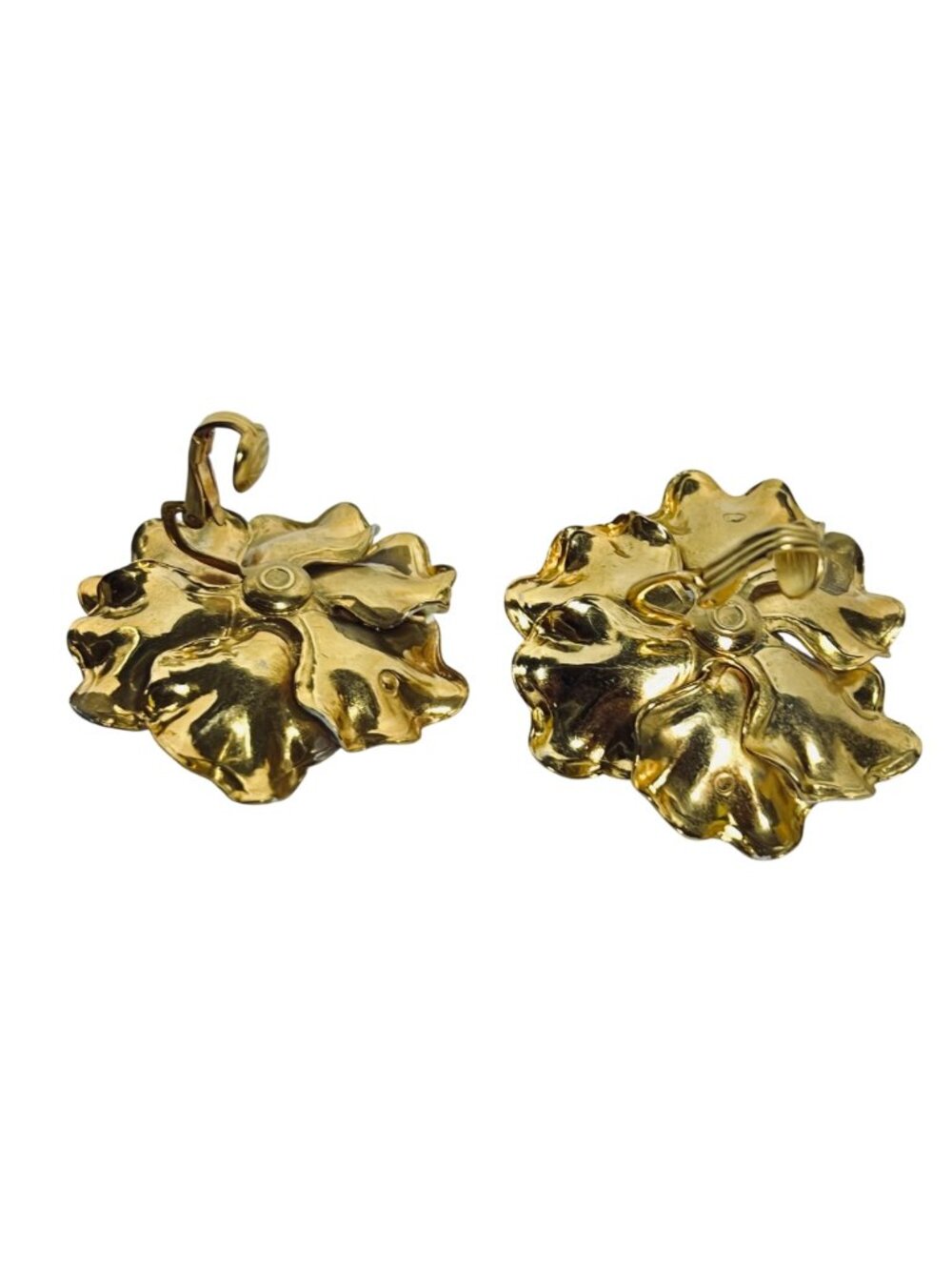 Gold Tone, Blue Rhinestone And Green Enamel Flower Clip On Earrings (6080) - Picture 6 of 6